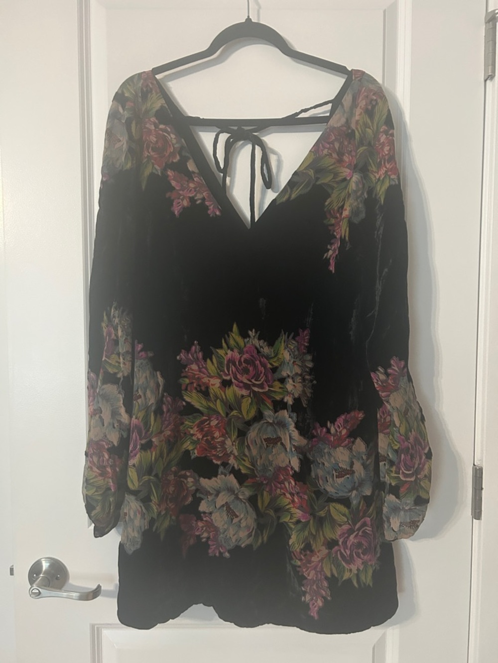 Free People Black Floral Velvet Tie-Back Tunic Top